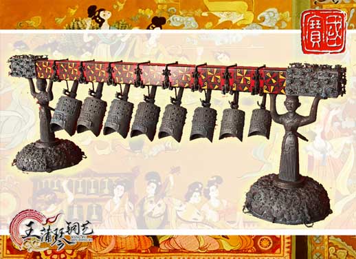 8件古編鐘，銅人銅座裝飾，可發(fā)音